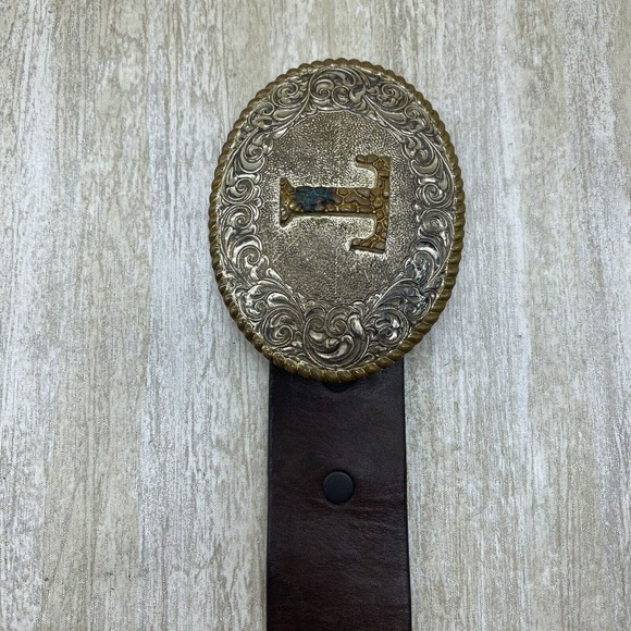 Justin SZ 32 Black Leather Belt with Crumrine TEXAS Buckle Gold Silver Two Tone - Picture 6 of 9